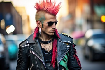Punk rocker with vibrant mohawk and leather jacket. - obrazy, fototapety, plakaty