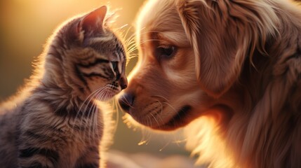 Close-up of a cat and dog's noses touching gently, signifying an unexpected bond. - obrazy, fototapety, plakaty
