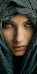 Junge muslimische hübsche Frau mit blau grünen Augen trägt Hijab in türkis umhüllt Nahaufnahme im Hochformat, ai generativ - obrazy, fototapety, plakaty