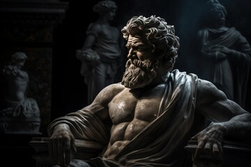 Personne de sculpture stoïque avec pierre, peau. Grec ancien, romain, abstrait. Stoïcisme. IA générative, IA