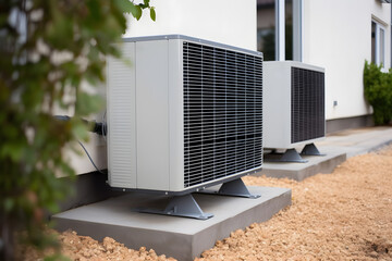 Heat pump units in front of building