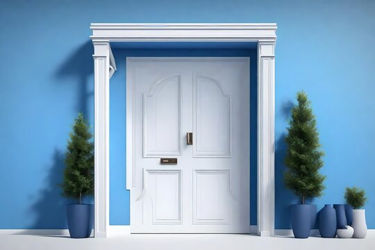 white front door, blue color paint wall, with small square decorative windows