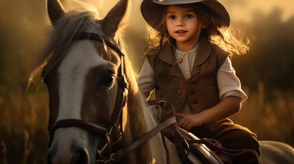 Obraz premium Small child in vintage jockey outfit is riding horse field background. School of riding and equestrian sports.