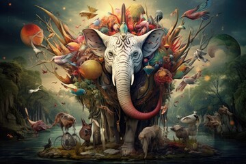 Fototapeta na wymiar Magic art collage with elements of fantastic creatures 