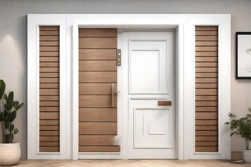 close up view, 3D, wood front door, white color wall, with small square decorative windows