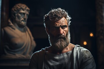 Personne de sculpture sto&iuml;que avec pierre, peau. Grec ancien, romain, abstrait. Sto&iuml;cisme. IA g&eacute;n&eacute;rative, IA