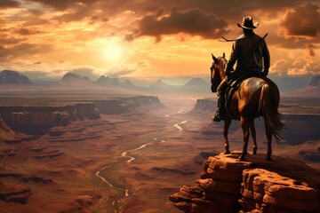 Wild west cowboy with lasso atop horse overlooking vast canyon.