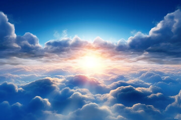 Beautiful blue sky with clouds, sun rays