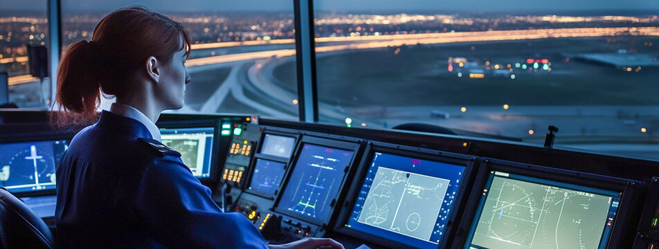 A woman air traffic controller sits at the control panel against the background of the panoramic window of the airport. A wide banner.