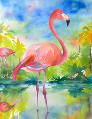 Flamingo Watercolor painting colorful fantasy hand drawn illustration design art