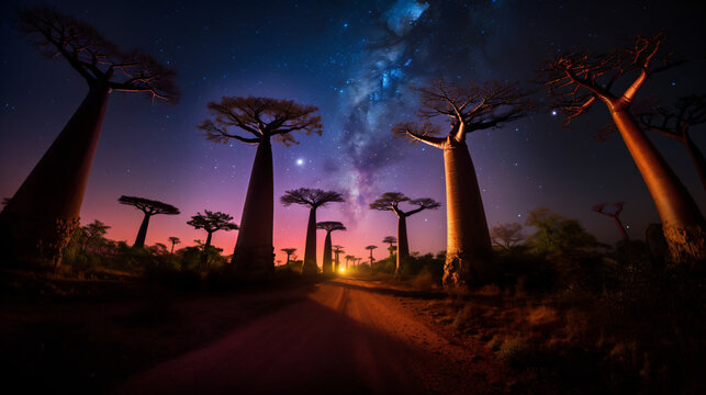 Baoba tree, Madagascar night with aurora, Generative Ai	