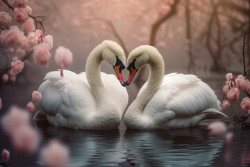 romatic scene between two beautiful swans