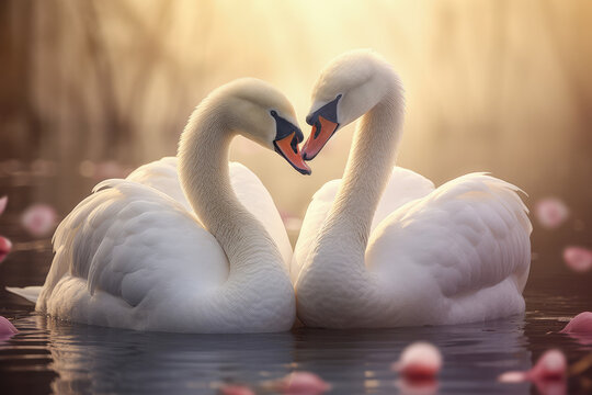 romatic scene between two beautiful swans