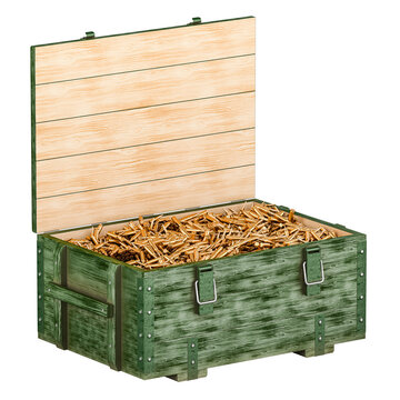 Opened military wooden ammunition box with rifle bullets, 3D rendering isolated on transparent background