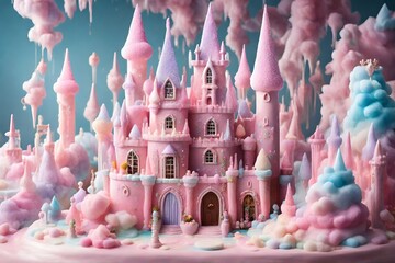 A cute fantasy pink castle made of cotton candy  and sugar