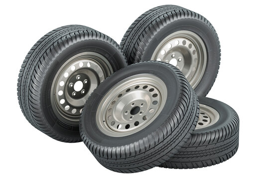 Car steel wheels with tyres. 3D rendering isolated on transparent background