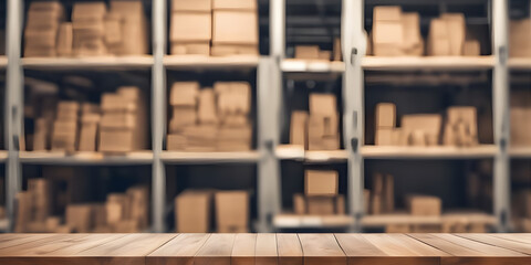 Empty wooden table on defocused blurred shelves in warehouse background.