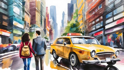 oil painting on canvas, street view of New York, man and woman, yellow taxi, modern Artwork, watercolor illustration New York