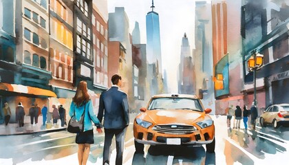 Obraz premium oil painting on canvas, street view of New York, man and woman, yellow taxi, modern Artwork, watercolor illustration New York