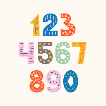 Colorful numbers with decorative doodle elements Cutout childish number collection Playful style design