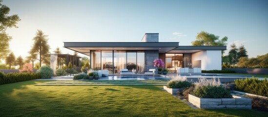 Obraz premium AI renders daylight on modern house exterior with lawn grass
