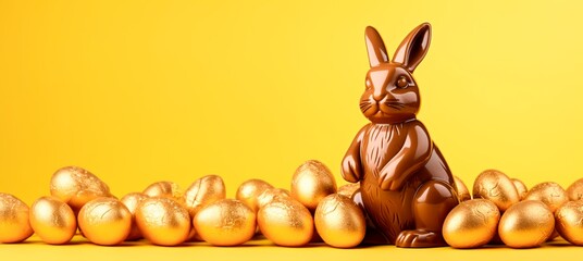 Easter chocolate bunny and gold easter eggs isolated on a yellow background, banner background, card, copy space for text