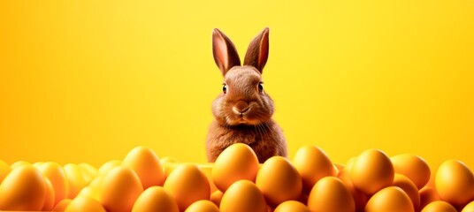 Easter bunny and gold easter eggs isolated on a yellow background, banner background, card, copy space for text