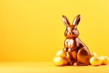 Easter chocolate bunny and gold easter eggs isolated on a yellow background, banner background,...
