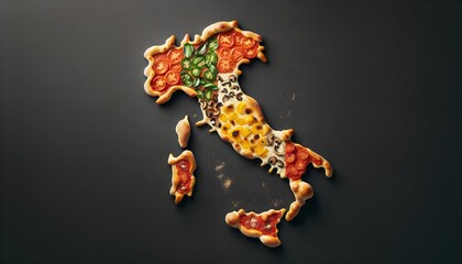 The beauty of Italy represented in a pizza, with regions outlined by fresh, tasty ingredients.