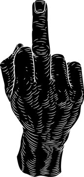 A Hand Giving the Finger Bird Gesture Woodcut in a vintage retro woodcut style