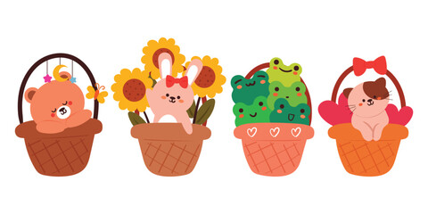 set of hand drawing cartoon animals inside basket. cute animal sticker for kids, cute animal doodle set