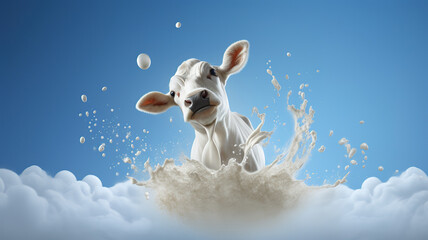 blue background with cow and milk with splashes. concept health food with copy space. AI