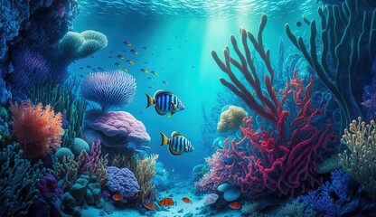 Naklejka na ściany i meble ocean underwater world vibrant bright fish and Coral reef light beautiful