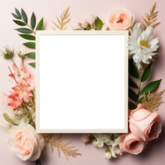 Transparent Blank Canvas with Wood Frame on Floral Wall - Naturalistic Light, Nature-Inspired Imagery, and Minimalist Design for Poster Mockup, Realistic Wood Texture and Elegant Interior Presentation