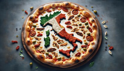 A gourmet pizza celebrating Italy, with a map of the country made from fresh, colourful ingredients.
