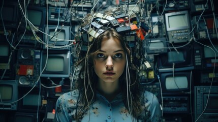 Overwhelming information data explode out of head of young human brain, too much media, too much information, maximalism, news, social media addiction.  - obrazy, fototapety, plakaty