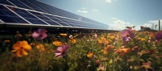 Flowers and solar panels on a flower field, in the style of nature-inspired imagery. - obrazy, fototapety, plakaty