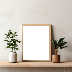Transparent Blank Canvas with Wood Frame on Wall - Naturalistic Light, Nature-Inspired Imagery, and Minimalist Design for Poster Mockup, Realistic Wood Texture and Elegant Interior Presentation
