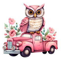Watercolor Owl On Truck Flowers Valentine Clipart Illustration