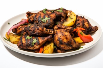 Photo of a plate of Jamaican jerk chicken with a clean white background. Generative AI