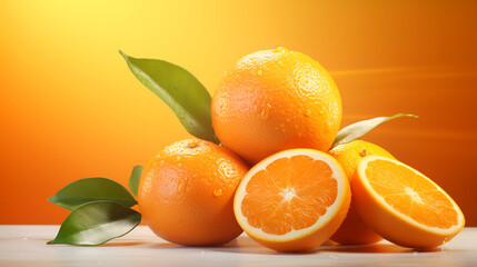 Whole and halved oranges for advertising fresh fruit or orange juice. Orange brand color. Banner