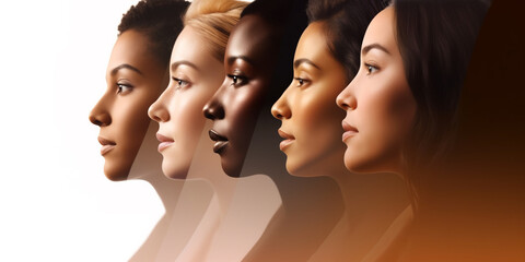 Multi-ethnic diversity and beauty. Group of different ethnicity women - obrazy, fototapety, plakaty