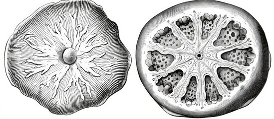 Labeled parts of Asterias rubens surface a a and b indicate madreporite and anus respectively in a magnified vintage drawing or engraving - obrazy, fototapety, plakaty