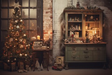 Fototapeta na wymiar christmas vintage display cabinet and xmas tree decoration at home