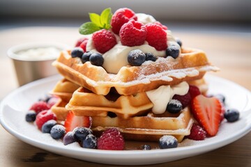 Photo of a stack of Belgian waffles topped with berries and cream on a bright white tabletop....