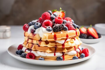 Photo of a stack of Belgian waffles topped with berries and cream on a bright white tabletop....
