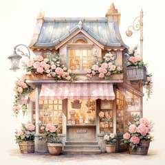 Fototapeta na wymiar Watercolor bakery with flower arrangement