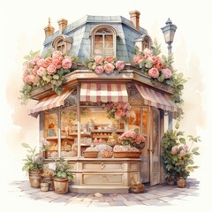 Fototapeta na wymiar Watercolor bakery with flower arrangement
