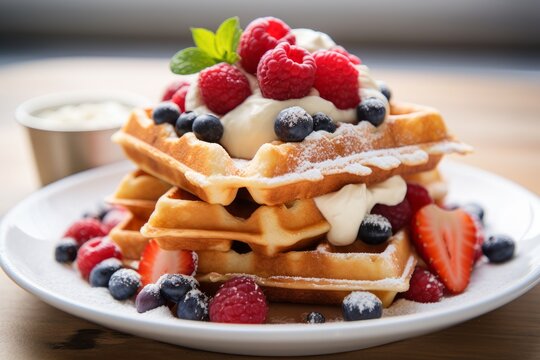 Photo of a stack of Belgian waffles topped with berries and cream on a bright white tabletop. Generative AI