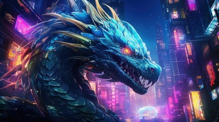 Cybernetic Dragon Over Metropolis. AI Surreal Marvels - obrazy, fototapety, plakaty